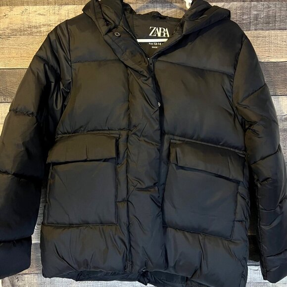 Zara Kids Black Puffer Jacket 13-14 Hood & Pockets Winter Outdoor Play Snow